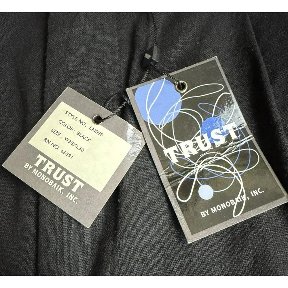 NWT Vintage TRUST Mens Linen Pleated Trousers Black Cuffed 36W 27L Tag-38x30